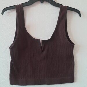 Neutral Brown V-Slit Ribbed Cropped Top.